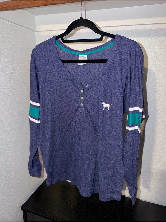 Victoria's Secret Tops - Victoria's Secret PINK Blue Varsity Long Sleeve Henley Tee